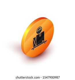Isometric Scale with cardboard box icon isolated on white background. Logistic and delivery. Weight of delivery package on a scale. Orange circle button. Vector Illustration