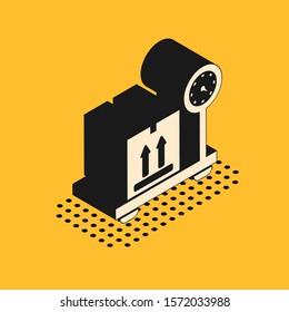 Isometric Scale with cardboard box icon isolated on yellow background. Logistic and delivery. Weight of delivery package on a scale.  Vector Illustration