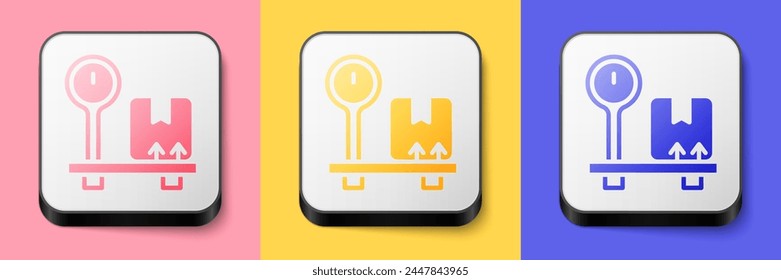 Isometric Scale with cardboard box icon isolated on pink, yellow and blue background. Logistic and delivery. Weight of delivery package on a scale. Square button. Vector