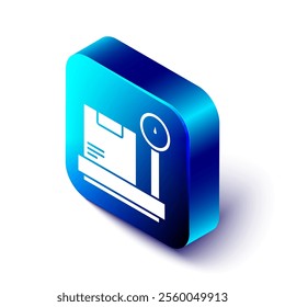 Isometric Scale with cardboard box icon isolated on white background. Logistic and delivery. Weight of delivery package on a scale. Blue square button. Vector Illustration