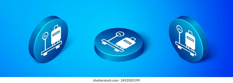 Isometric Scale with suitcase icon isolated on blue background. Logistic and delivery. Weight of delivery package on a scale. Blue circle button. Vector