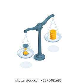 isometric scales with coins and clocks, in color on a white background, time or money