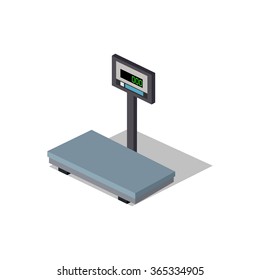 Isometric scales flat design. Weight of goods. Box and cargo, package and freight, parcel and product, load packaging,  order and import, logistic and distribution. Isolated scales icon. 3D scales
