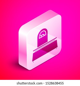 Isometric Scales icon isolated on pink background. Weight measure equipment. Silver square button. Vector Illustration