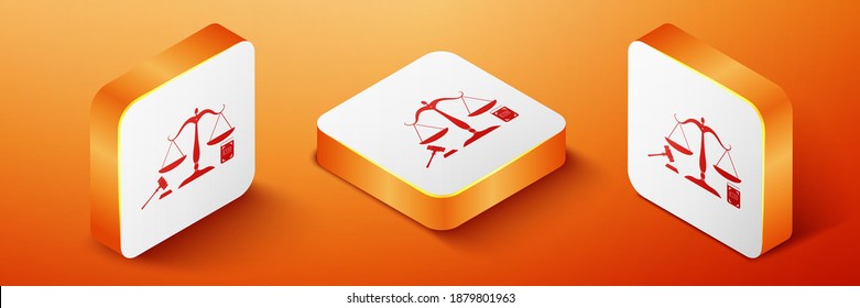 Isometric Scales of justice, gavel and book icon isolated on orange background. Symbol of law and justice. Concept law. Legal law and auction symbol. Orange square button. Vector.