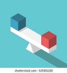 Isometric scales weighing blue and red cubes. Balance, comparison and equality concept. Flat design. EPS 8 vector illustration, no transparency