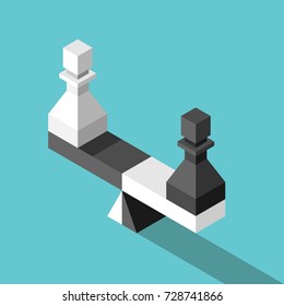 Isometric scales weighing white and black chess pawns on turquoise blue background. Opposition, choice, job and equality concept. Flat design. Vector illustration, no transparency, no gradients