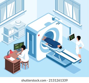 Isometric scan diagnostic composition with two doctors in the office diagnose a patients health with MRI machine vector illustration