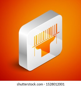 Isometric Scanner scanning bar code icon isolated on orange background. Barcode label sticker. Identification for delivery with bars. Silver square button. Vector Illustration