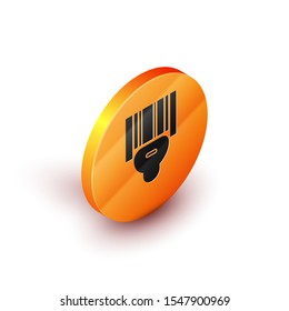 Isometric Scanner scanning bar code icon isolated on white background. Barcode label sticker. Identification for delivery with bars. Orange circle button. Vector Illustration