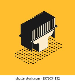 Isometric Scanner scanning bar code icon isolated on yellow background. Barcode label sticker. Identification for delivery with bars.  Vector Illustration