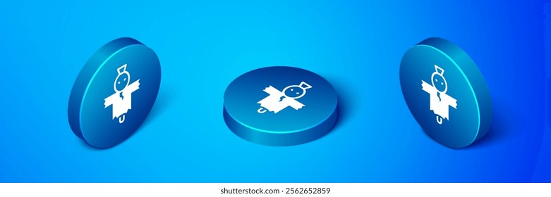 Isometric Scarecrow icon isolated on blue background. Happy Halloween party. Blue circle button. Vector