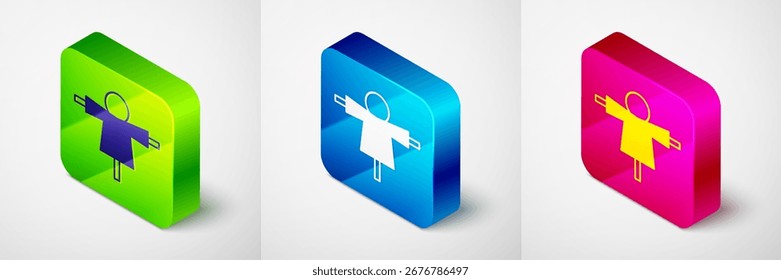 Icono isométrico del espantapájaros aislado en fondo gris. Botón cuadrado. Vector