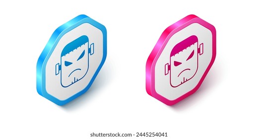 Isometric Scary monster - Frankenstein face icon isolated on white background. Happy Halloween party. Hexagon button. Vector