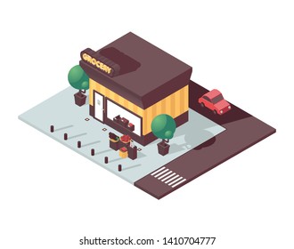 Isometric scene with 3d grocery store shop. Vector concept illustration of vegetables shop in city, drawn with vivid colors, car and showcase, isolated on white.