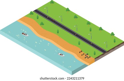 isometric scene of bicycle lane track road and sand beach
