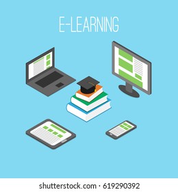 Isometric scene with books, laptop, smart phone, tablet. E-learning concept.