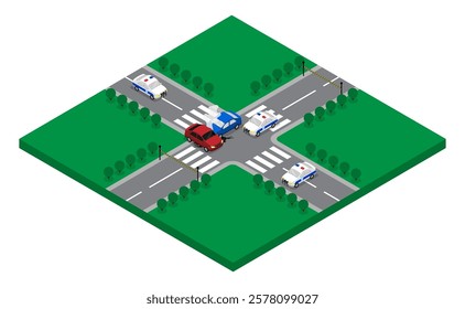 Isometric scene of car accident cut off by traffic police officers in police cars. Auto accident on intercity road. Traffic jam. Aerial view 3D vector isolated on white background