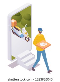 Isometric scene with delivery boy with pizza box coming out mobile phone. Safe service with face mask.