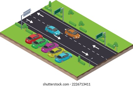 isometric scene of illegal racing sport car in highway traffic road