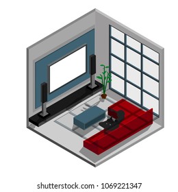 isometric scene of living room with sofa and television
