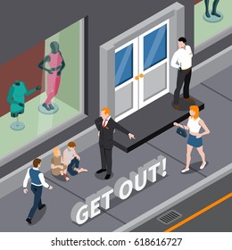 Isometric scene with man in business suit expelling homeless persons from window of clothing shop vector illustration