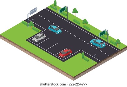 isometric scene of parking spot in highway traffic road with car