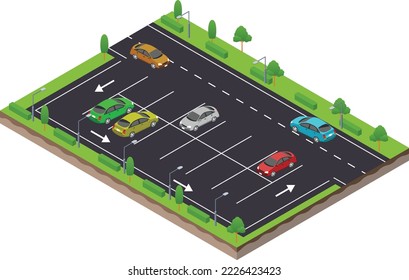 isometric scene of parking spot in highway traffic road with car