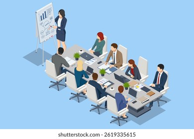 Isometric scene of people analyzing business charts and graphs on a flipchart during a strategy discussion. Flipchart with Business Profit Graphs and Analytics. Team Discussion on Business Strategy