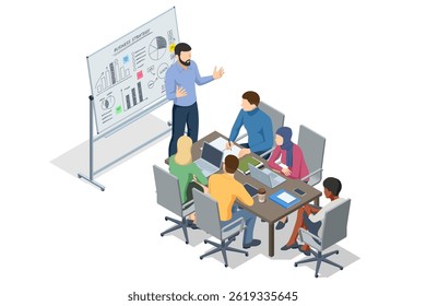 Isometric scene of people analyzing business charts and graphs on a flipchart during a strategy discussion. Flipchart with Business Profit Graphs and Analytics. Team Discussion on Business Strategy