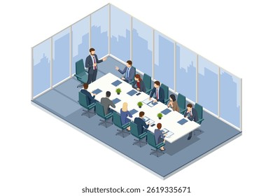 Isometric scene of people analyzing business charts and graphs on a flipchart during a strategy discussion. Flipchart with Business Profit Graphs and Analytics. Team Discussion on Business Strategy