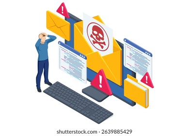 Isometric scene of a shocked user beside a giant malware-marked envelope erupting code windows and red warning triangles, depicting a hacker s phishing breach. Phishing attack