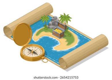 Uma cena isométrica mostrando um mapa do tesouro desenrolado para revelar uma ilha exuberante com um baú do tesouro sombreado em palmeira, acompanhado por uma bússola dourada. Pirata, ladrão de mar, Marauder