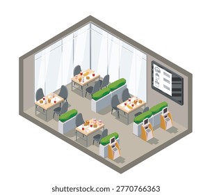 An isometric scene of a small fast food dining area with tables, chairs, trays, kiosks, and greenery, shown on a light interior background, showing concept. Hand-drawn vector illustration