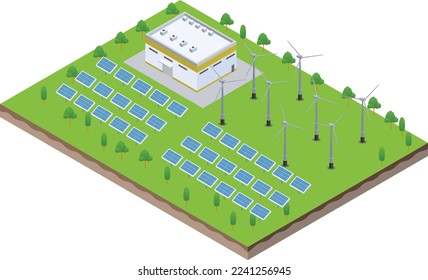 isometric scene of solar farm panels with green manufacturing industry factory