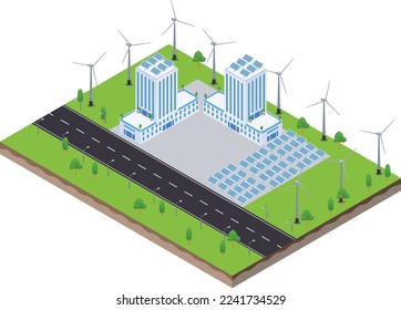 isometric scene of solar farm panels with green manufacturing industry factory