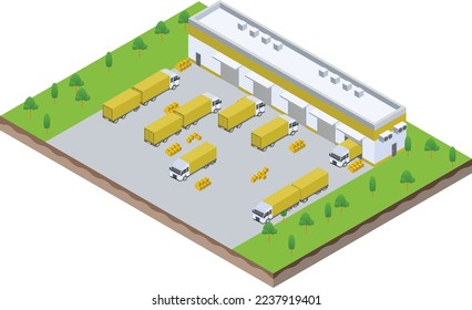 isometric scene of trailer truck at warehouse logistic hall unloading process in Company business