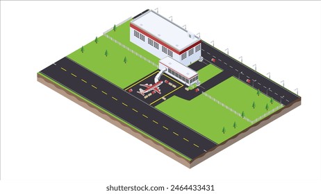 isometric scene of transport airplane and airport luggage transportation vehicle at airport