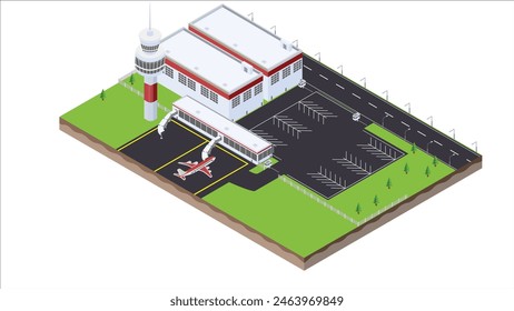 isometric scene of transport airplane and parking lot and barrier gate at airport
