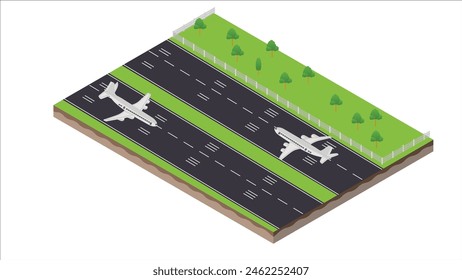 isometric scene of transport airplane in runway and coast sea