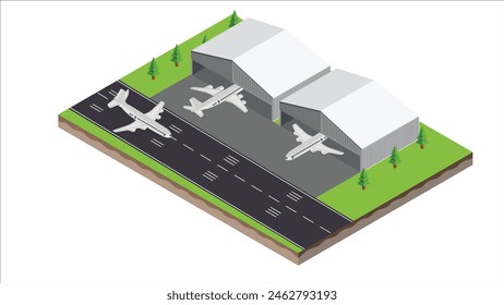 isometric scene of transport airplane in runway and hangar