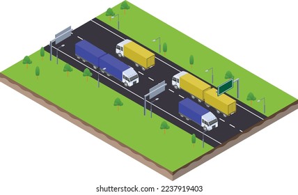 escena isométrica del camión de remolque logístico de transporte en carretera de tráfico