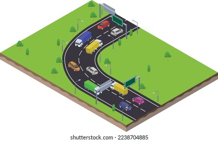 isometric scene of transport subcompact car in curve highway traffic road