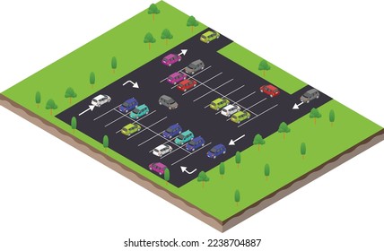 isometric scene of transport subcompact car at outdoor parking lot