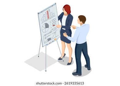 Isometric scene of two people analyzing business charts and graphs on a flipchart during a strategy discussion. Flipchart with Business Profit Graphs and Analytics. Team Discussion on Business