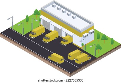 isometric scene of van at warehouse logistic hall unloading process in Company business