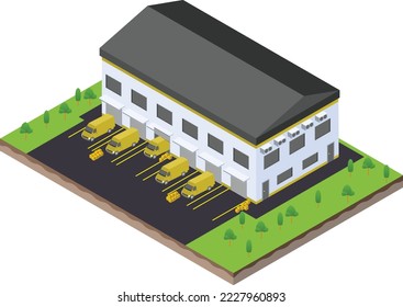 isometric scene of van at warehouse logistic hall unloading process in Company business