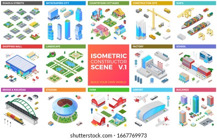 Kit de diseño vectorial de escena isométrica: rascacielos ciudad, edificios, centro comercial, calle y carretera, cabaña, puente, camiones, barco, aeropuerto, estadio, granja, paisaje.