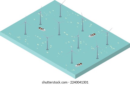 isometric scene of Wind turbines generating electricity and speed boat in the river ocean