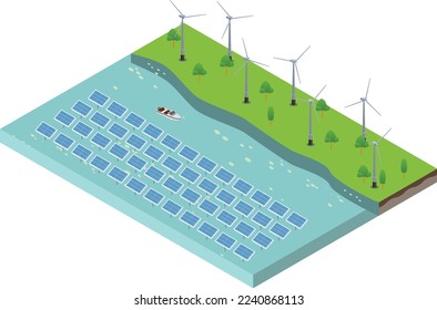 escena isométrica de turbinas eólicas que generan energía eléctrica y paneles solares en el océano fluvial